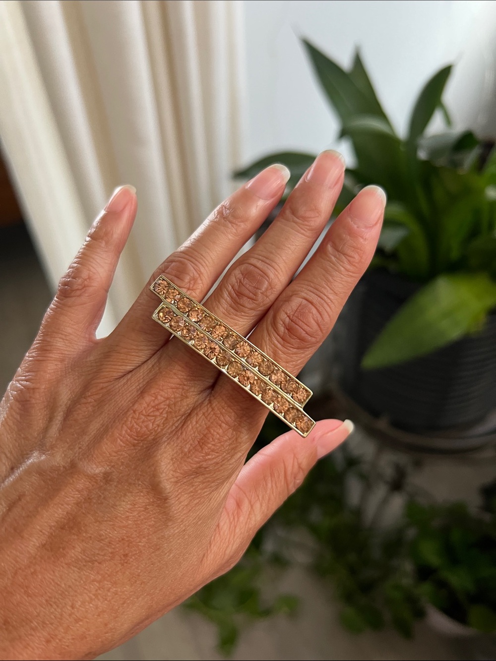 Gold-Tone Double Bar Two Finger Ring with Champagne Crystals